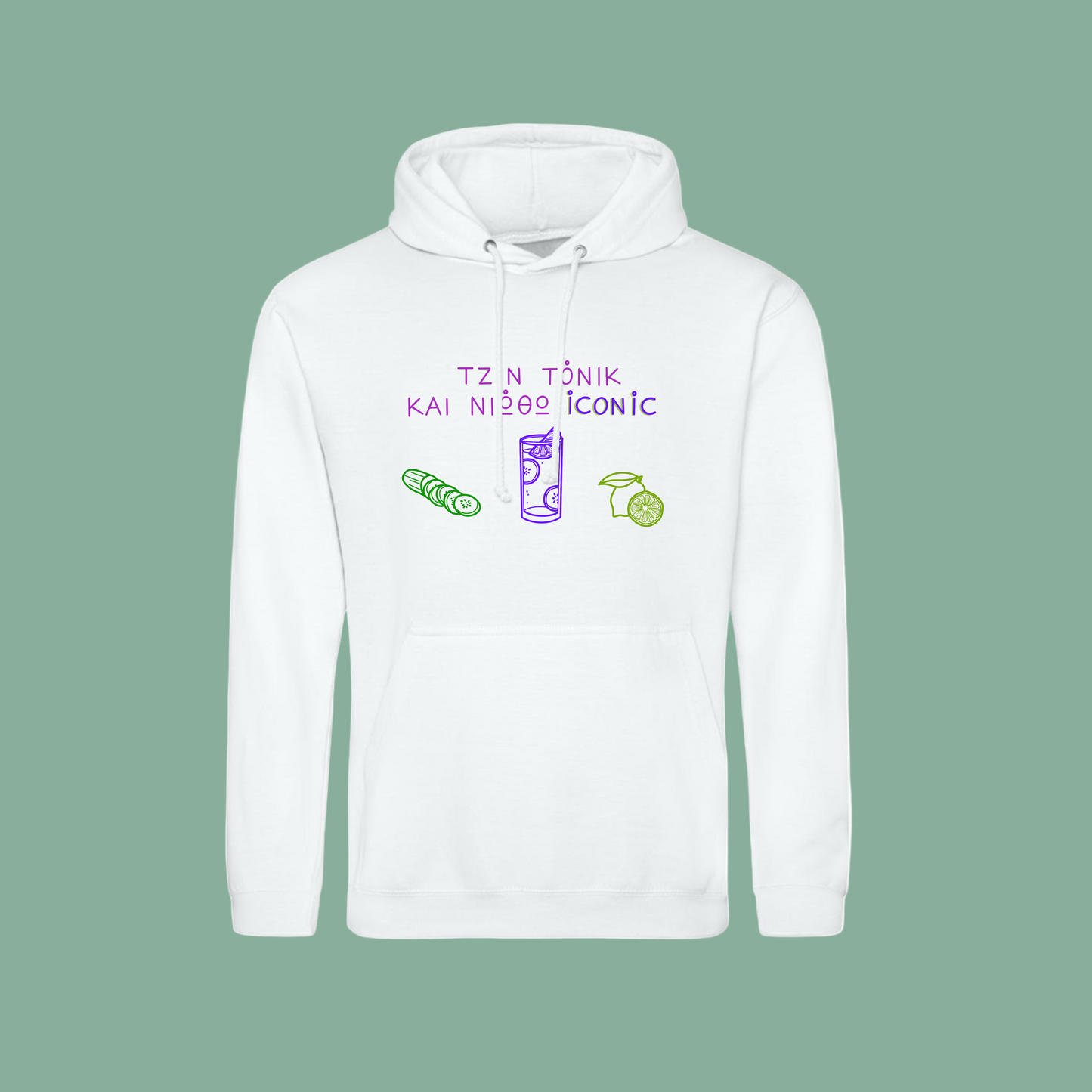 White hoodie with colorful text and graphics on a white background