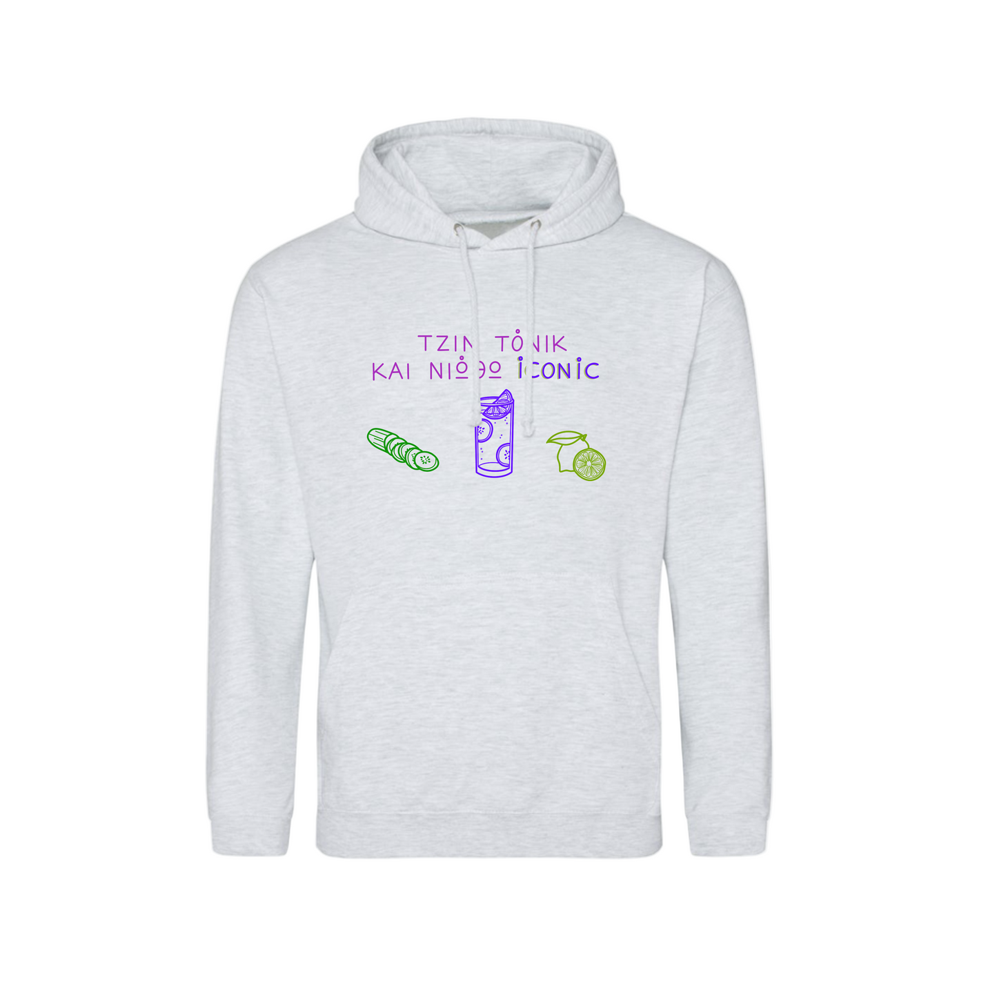 White hoodie with colorful text and graphics on a white background