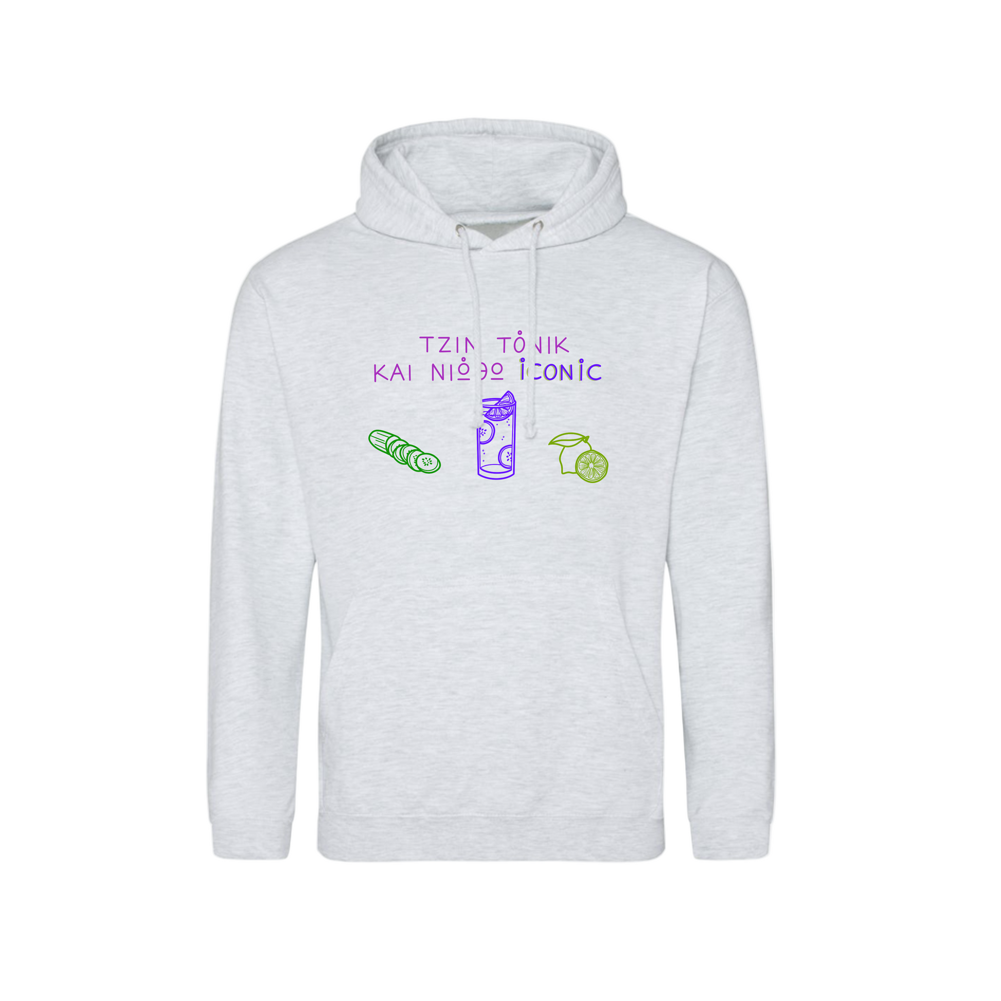 White hoodie with colorful text and graphics on a white background