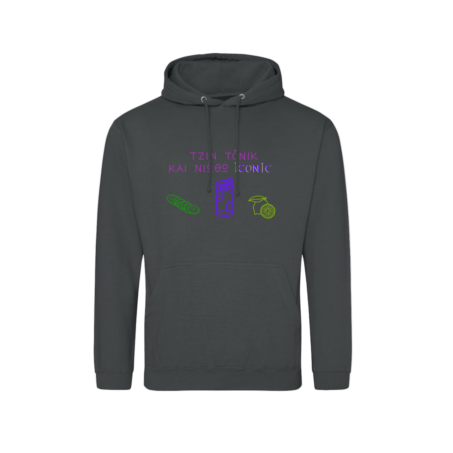 Dark gray hoodie with colorful text and graphics on a white background