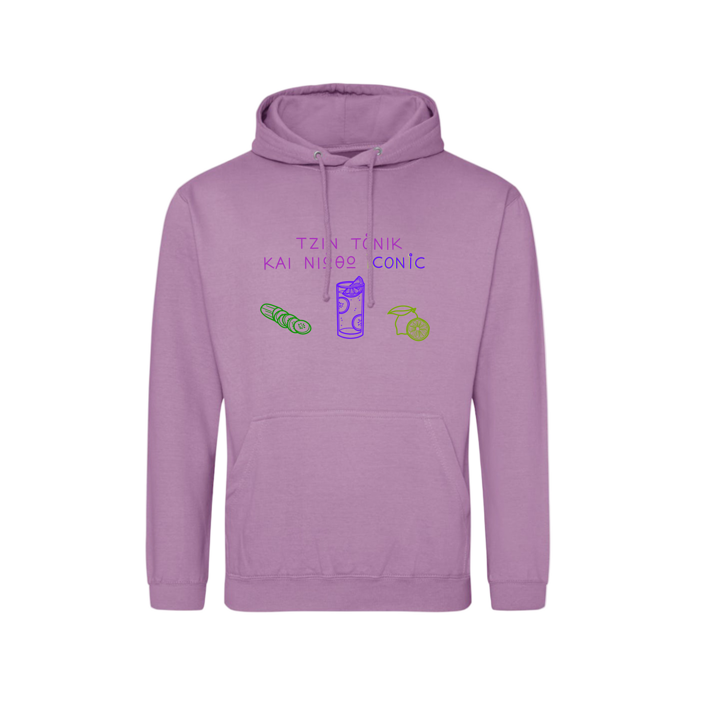 Lavender hoodie with text and graphics on a white background
