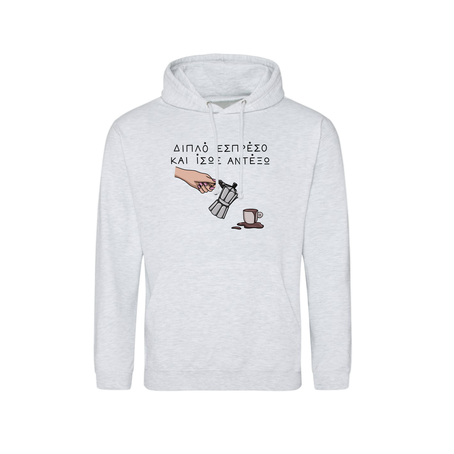 Ash hoodie with graphic design and text on a white background