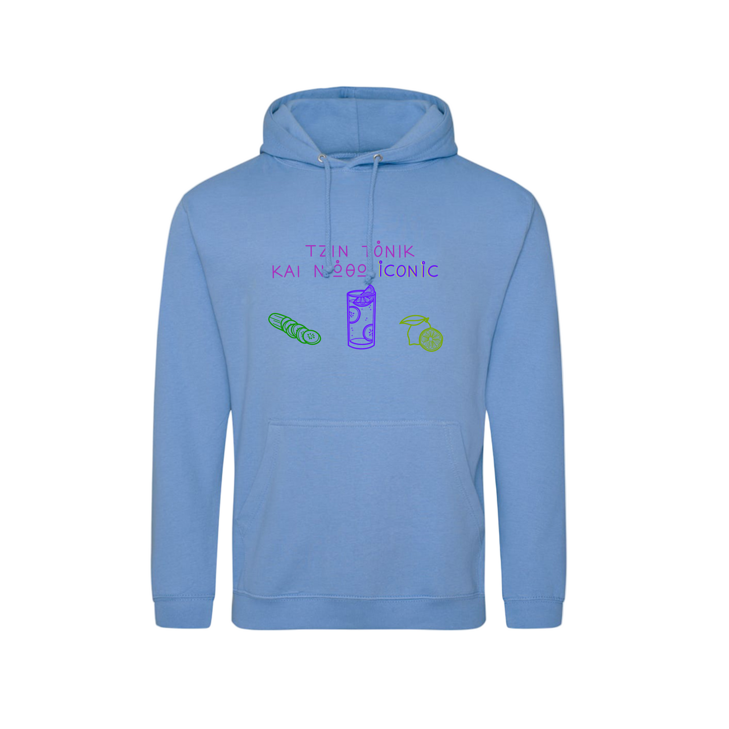 Blue hoodie with text and graphics on a white background