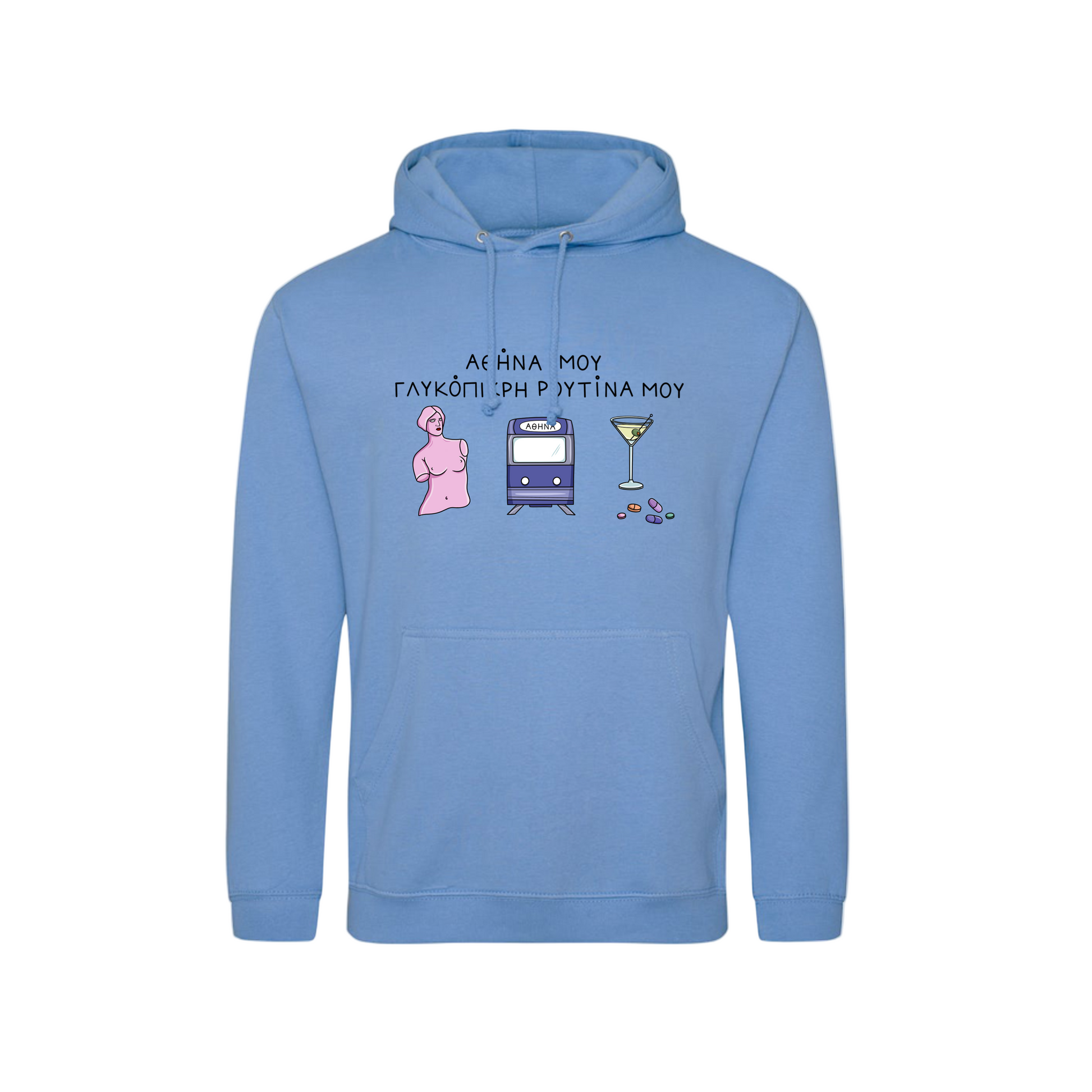 Blue hoodie with graphic designs and text on a white background
