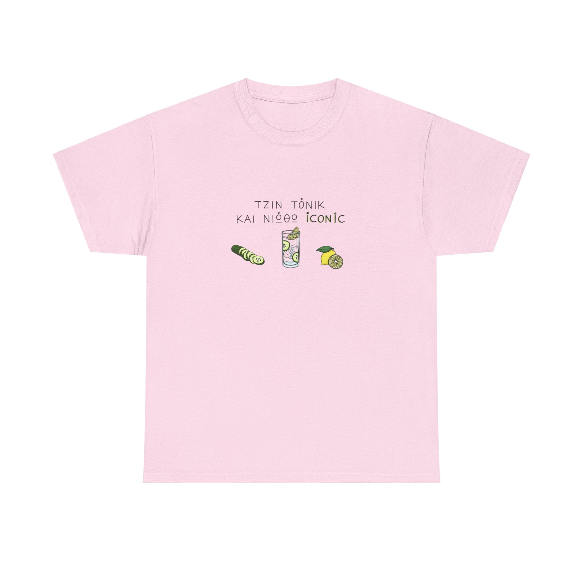 Light pink unisex tee with the Greek text 'Gin Tonic και νιώθω iconic' on the chest, featuring illustrations of a cucumber, gin tonic, and lemon