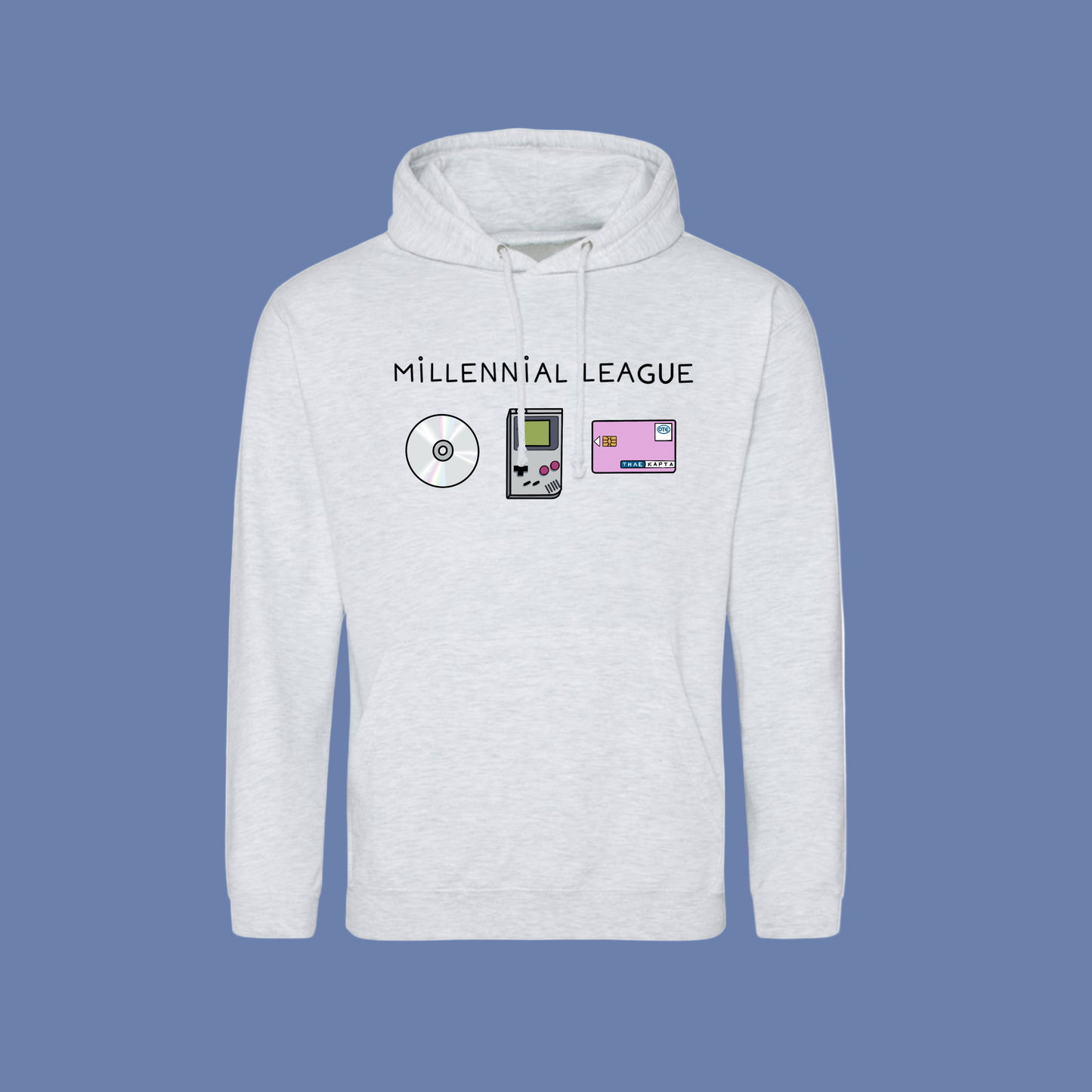 White hoodie with 'Millennial League' text and graphics on a white background