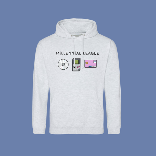 White hoodie with 'Millennial League' text and graphics on a white background