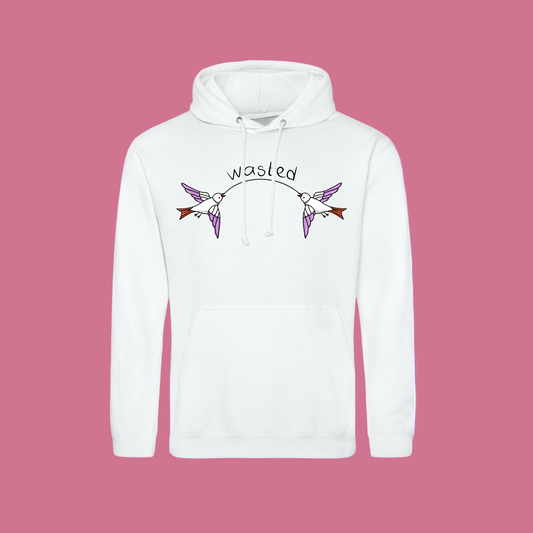 White hoodie with 'wasted' and arrow design on a white background