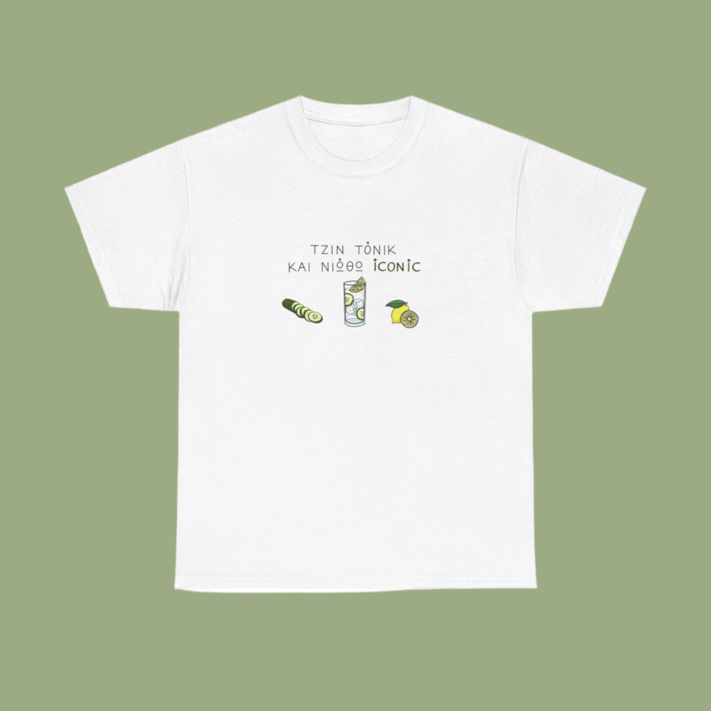 White unisex tee with the Greek text 'Gin Tonic και νιώθω iconic' on the chest, featuring illustrations of a cucumber, gin tonic, and lemon.